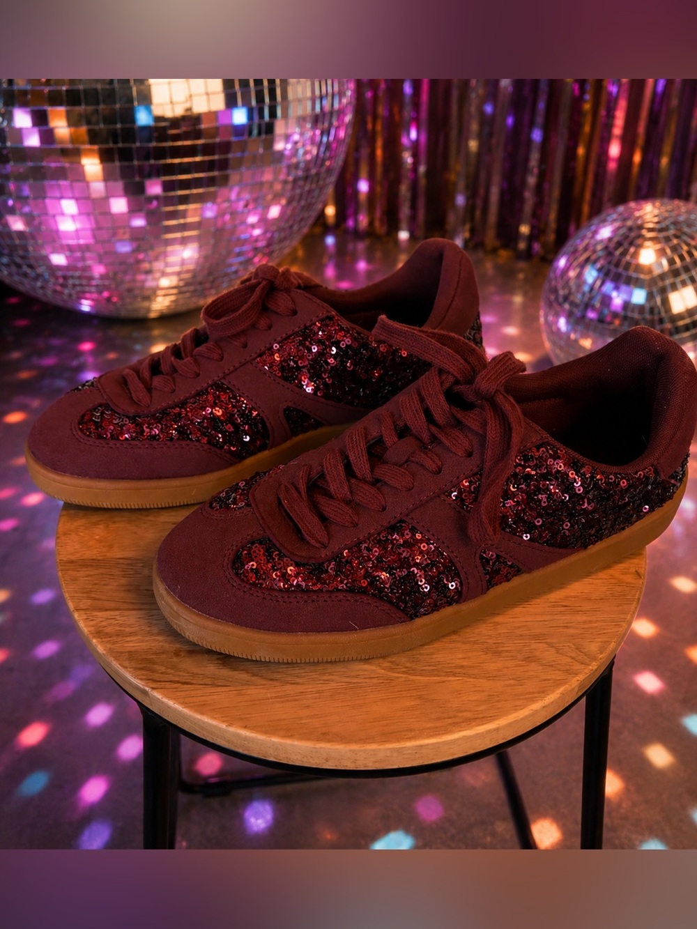 No Boundaries Burgundy Sequin Lace-Up Sneakers